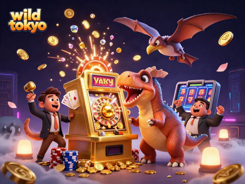 Cascading coins and vibrant characters celebrate big wins at wild tokyo casino, creating a fun atmosphere.