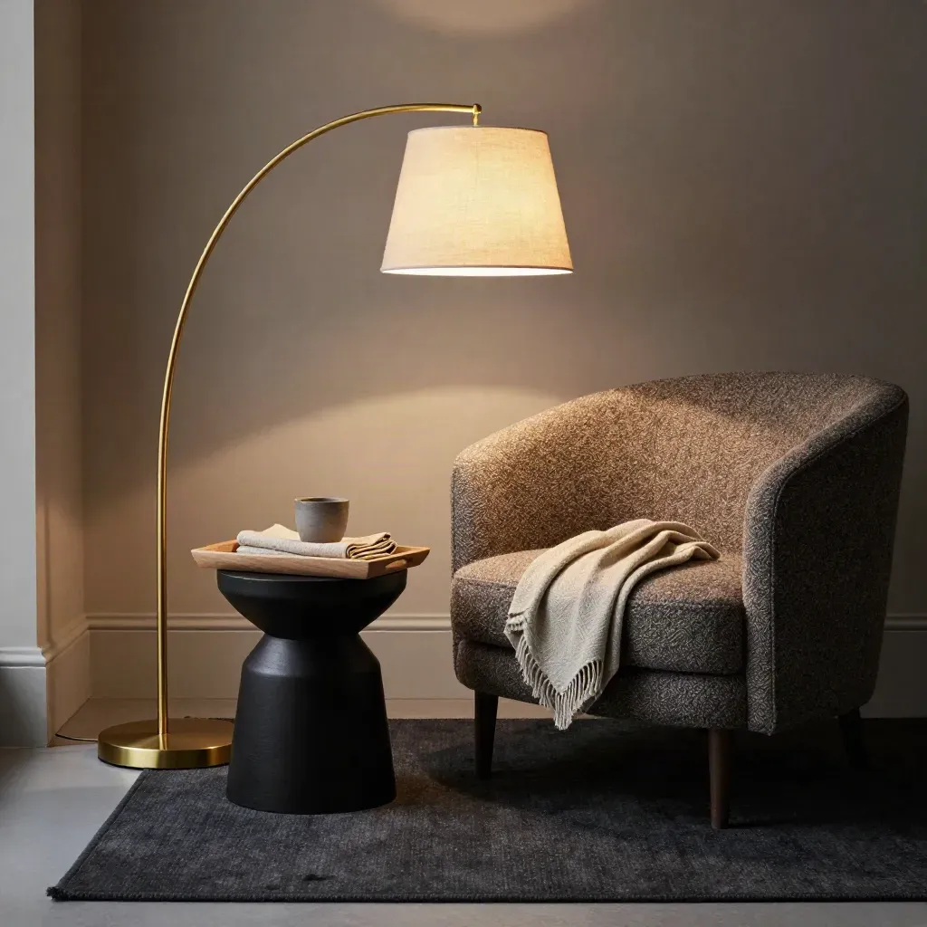 Lampada ad arco in ottone con paralume in lino in un angolo lettura raffinato.