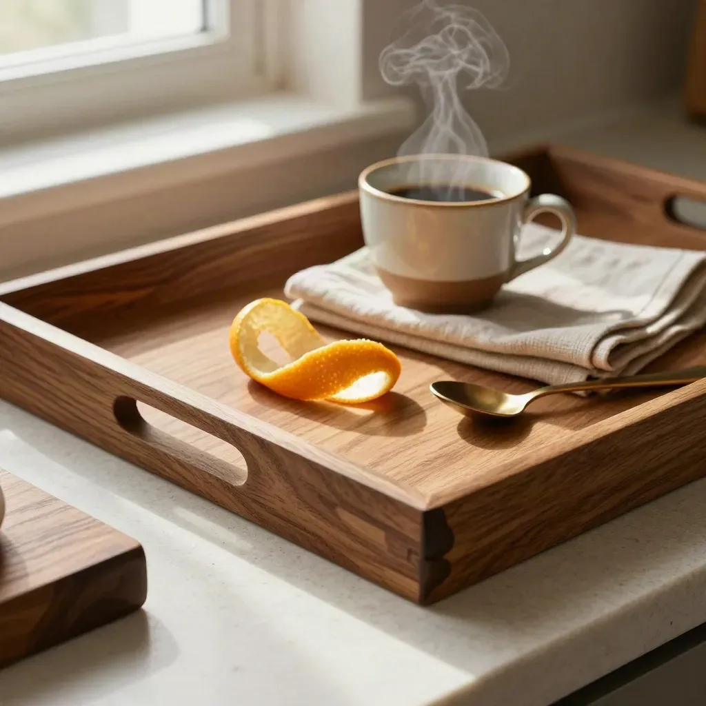 Vassoio in rovere con tazza fumante, tovagliolo di lino, cucchiaino e scorza d’agrumi.