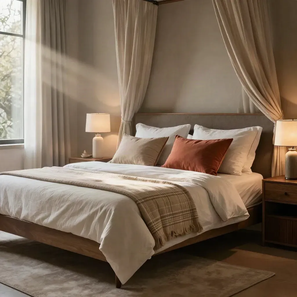 Camera da letto elegante con letto, due comodini in noce e lampade ottone, luce del mattino calda